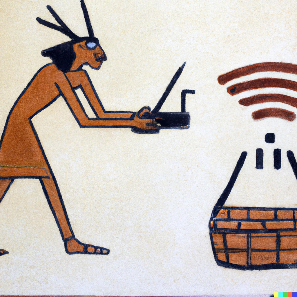 Prompt: ancient Egyptian wall painting depicting an angry customer returning a broken wifi router 