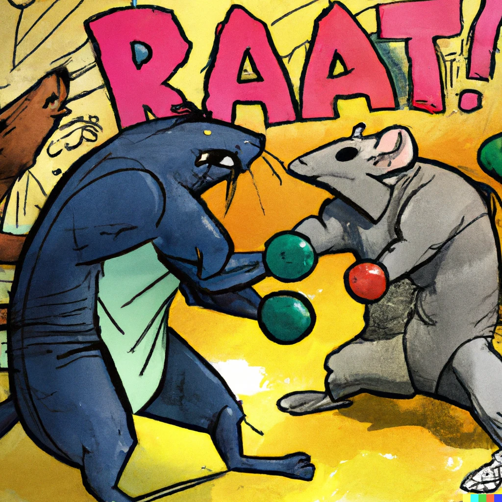 Prompt: Comic book rats fighting mutant toys 