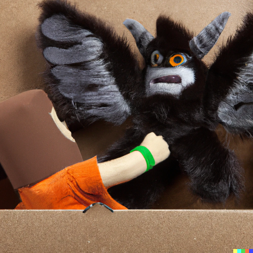 Prompt: Plush moth man fighting a plush Bigfoot inside a toy box