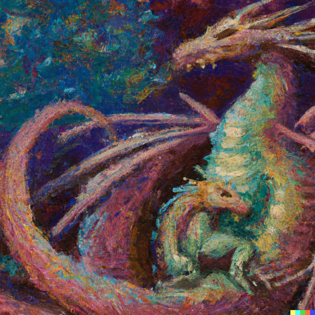 Prompt: an impressionist oil painting of a dragon mother with her hatchling 
