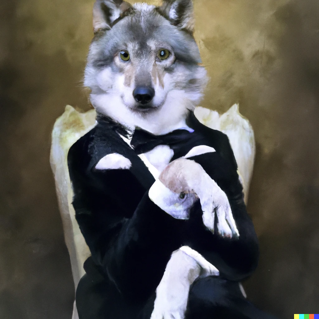 Prompt: oil paint of wolf in a tuxedo posing for a picture in classic style