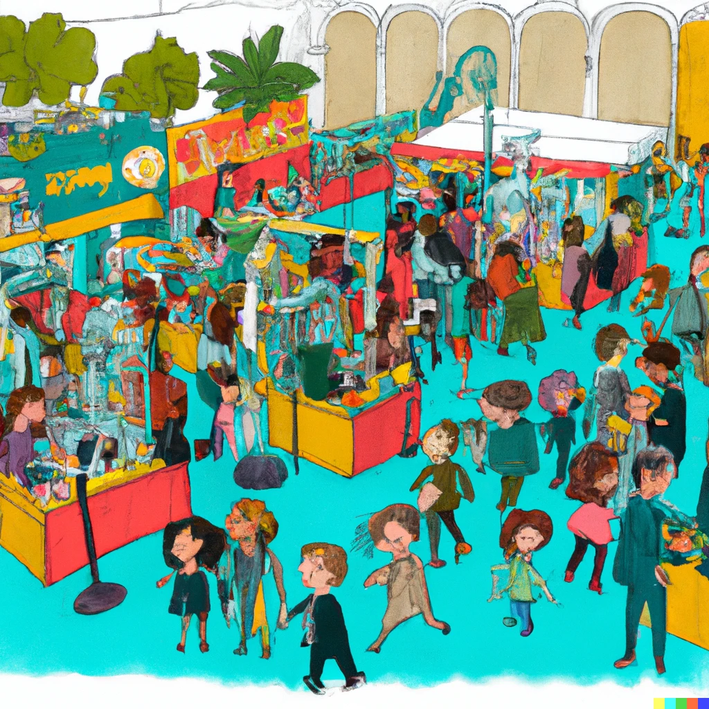 Prompt: Science fair exhibition in Braga, Portugal. Very crowded, lots of different stands with scientific experiments and demonstrations and visitors of all ages, being happy to be there. Cartoon style.