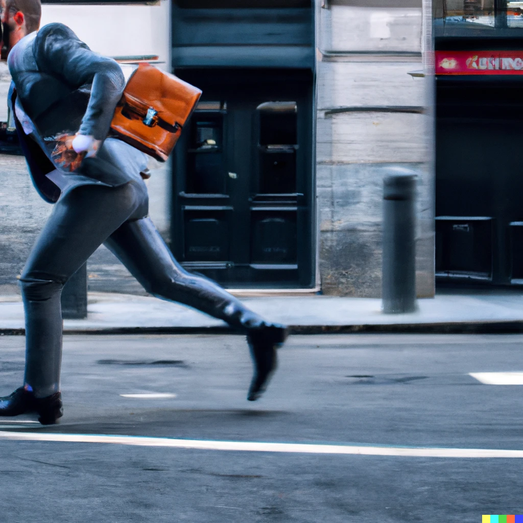 Prompt: A man arriving late at work, running fast in the street 
