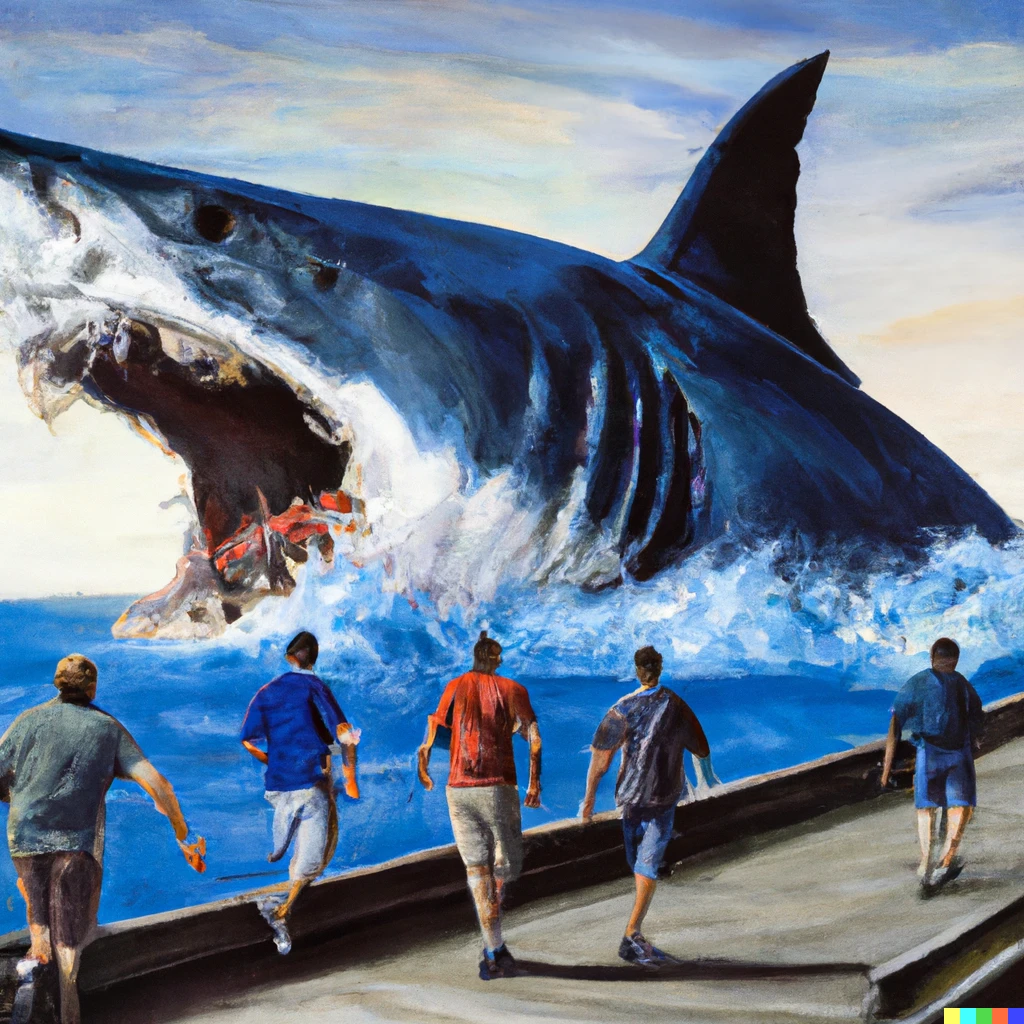 Prompt: Realistic Painting of a Megalodon shark devouring a public bayfront dock with people running away on it.