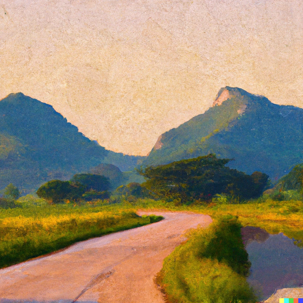 Prompt: two mountains in sunrise with rice field, river, and a road, oil painting style