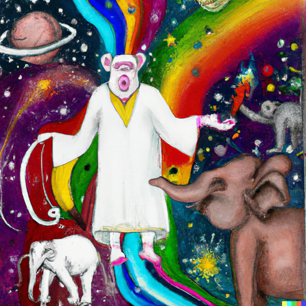 Prompt: a white elephant comes out of a galaxy in bloom, with around him monkeys dressed as mages with multicolored clothes, which project rainbow universes