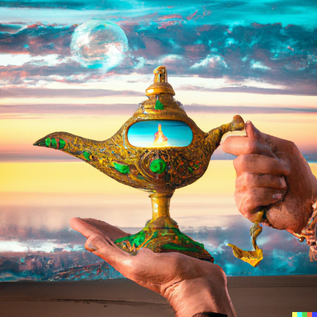 Prompt: a genie comes out of a golden lamp, encrusted with hyeroglyphs and diamonds and precious stones, he holds in his hand a crytal ball in which the ocean, a stretch of beach and a green landscape are reflected on a summer morning. Around him, multiple universes of unique and distinct colors intermingle.