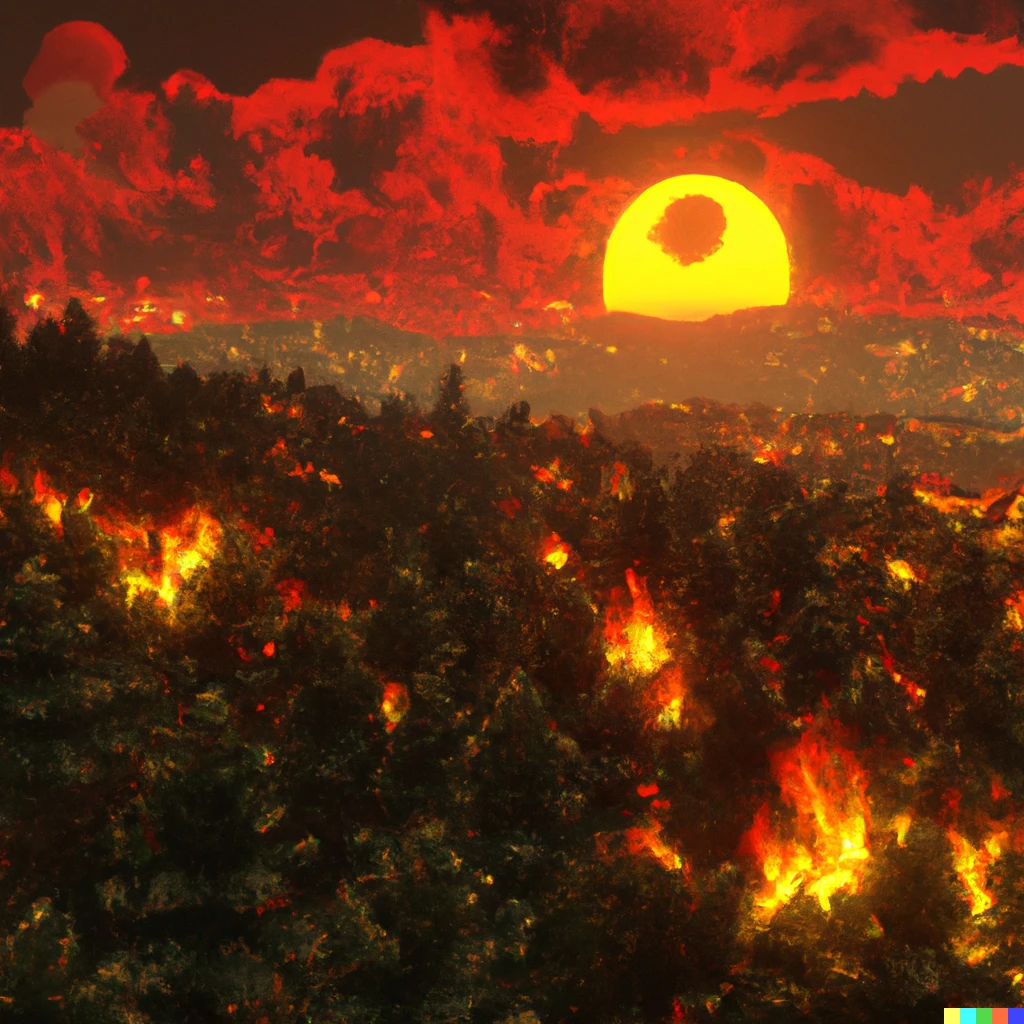 Prompt: Sunset over a forest fire, digital art 