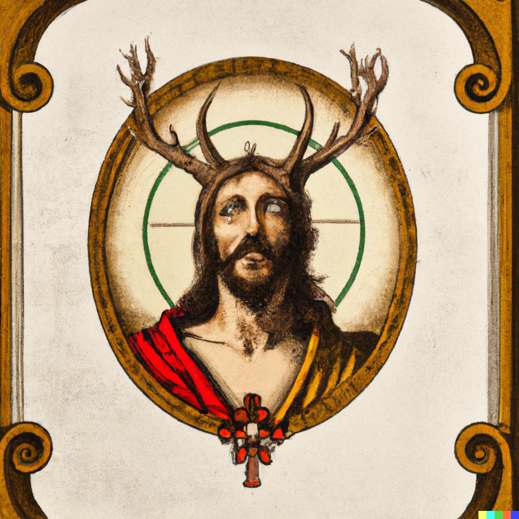 Prompt: Savior Jesus Christ, but his head is a deer head, framed picture