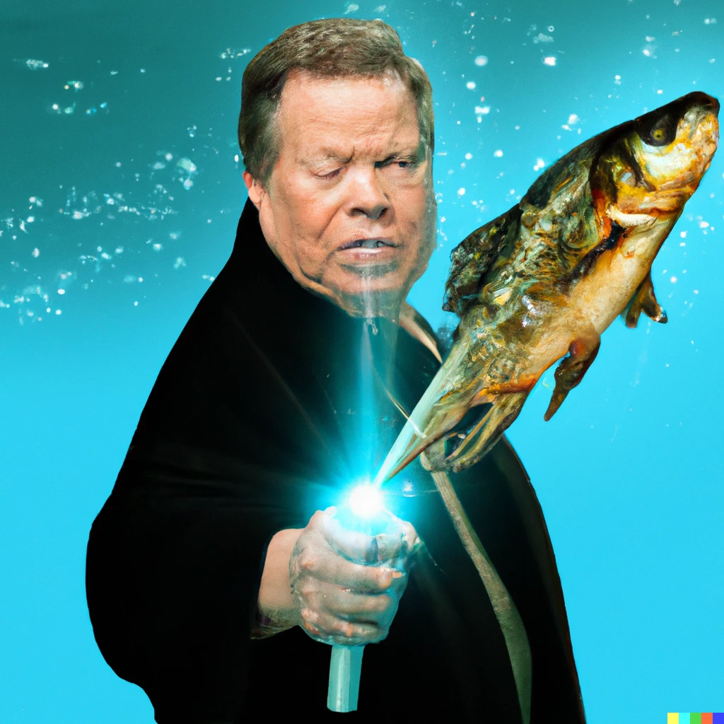 Prompt: William Shatner with lightsaber made of fish