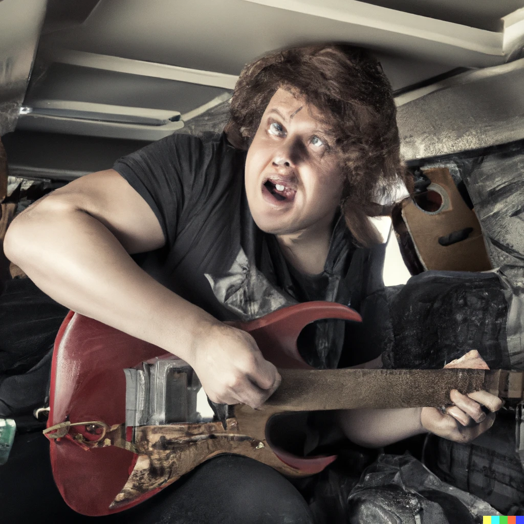 Prompt: real looking Samwise Gamgee playing heavy metal guitar in a van