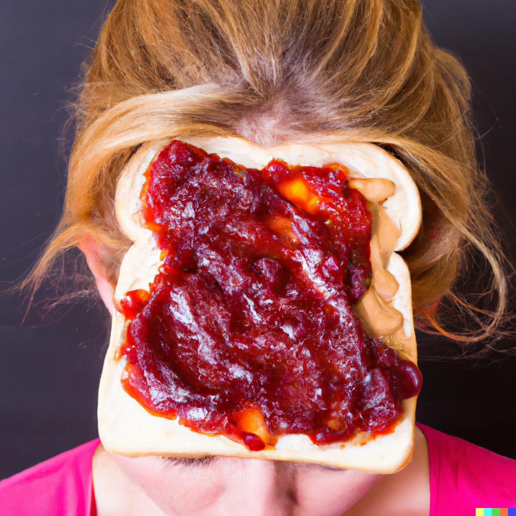 Prompt: peanut butter and jelly sandwich on a woman's head