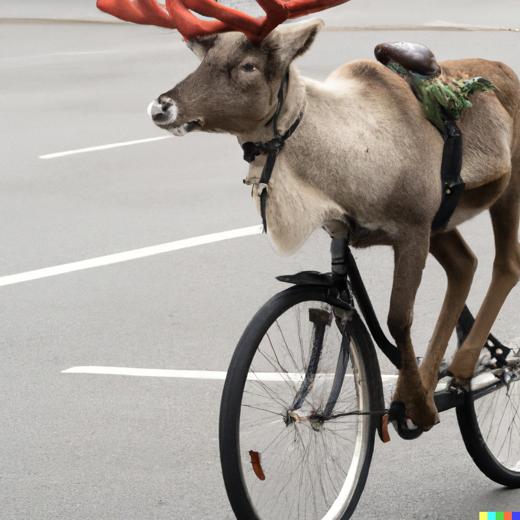 Prompt: a real reindeer riding a bicycle