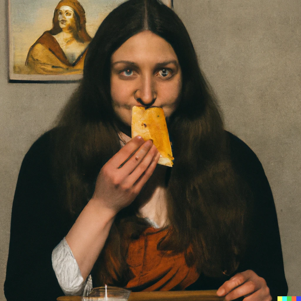 Prompt: Real looking Mona Lisa eating cheese