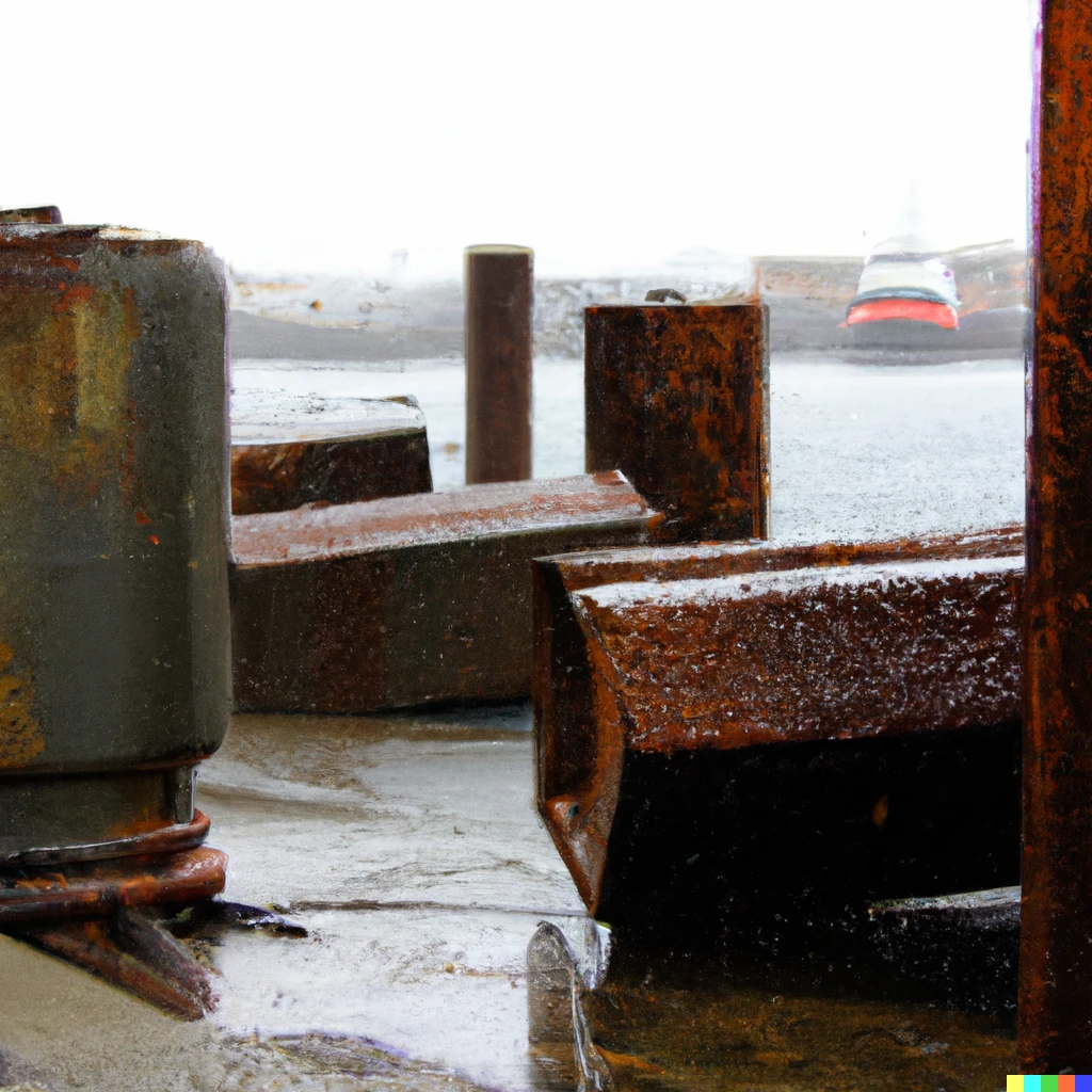 Prompt: A picture of a rusted-out harbor taken in the pouring rain