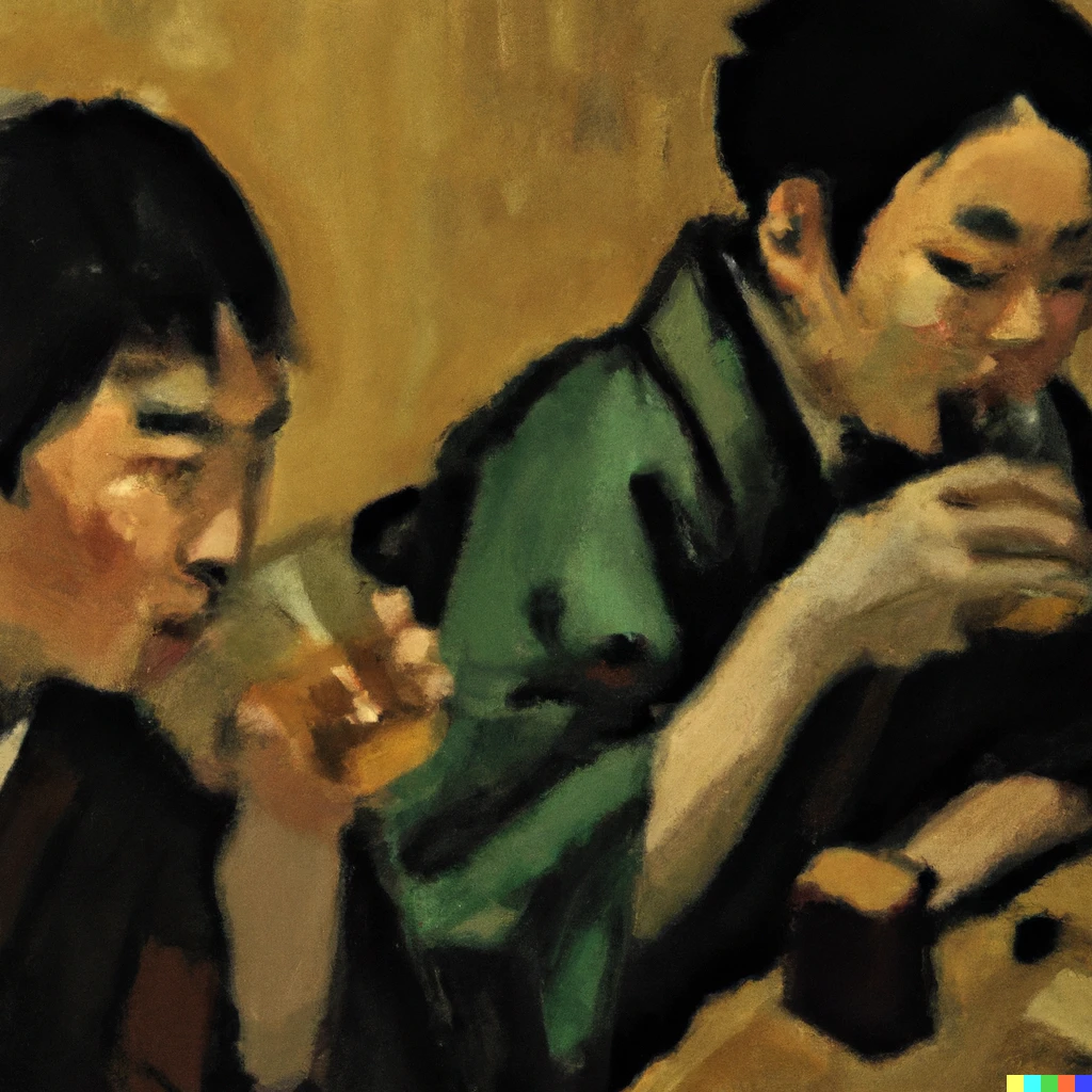 Prompt: oil painting of Kobeni Higashiyama drinking lean with Itadori Yuji