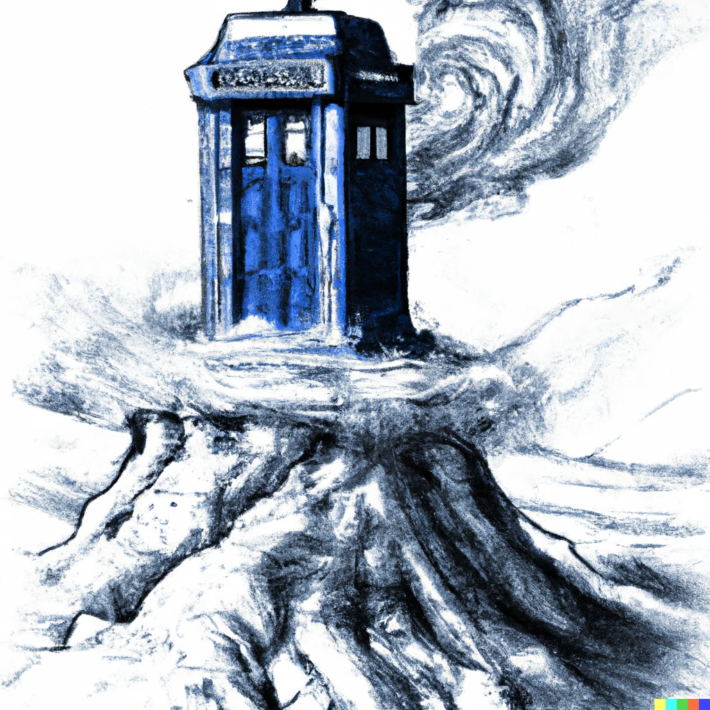 Prompt: A Tardis sitting atop a icy mountain with fiery gusts blowing out the top, highly detailed sketch