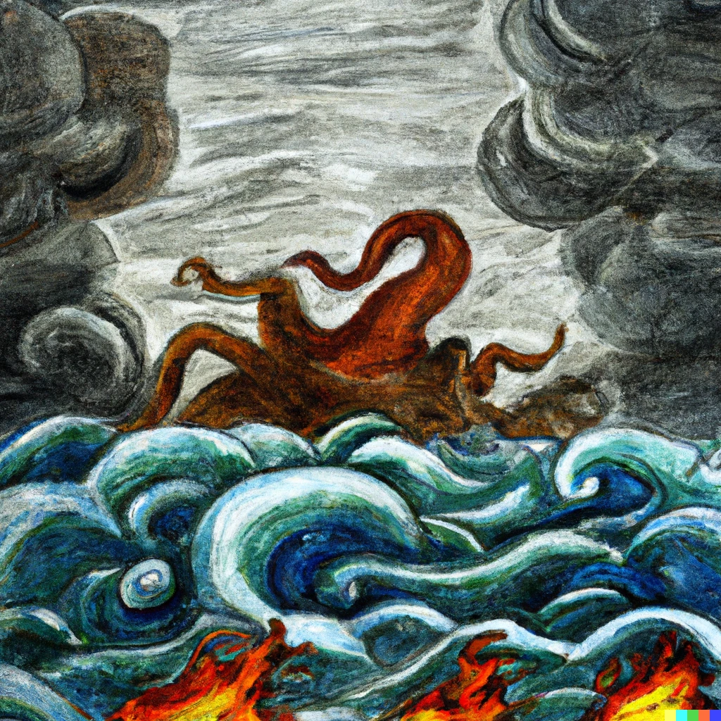 Prompt: A very fine and precise drawing of Chthulhu getting out of the ocean during a storm, with dark clouds and wrath in his eyes. The earth is already in flames and people are running for their lives as demons fly over them with their claws ready to rip and tear