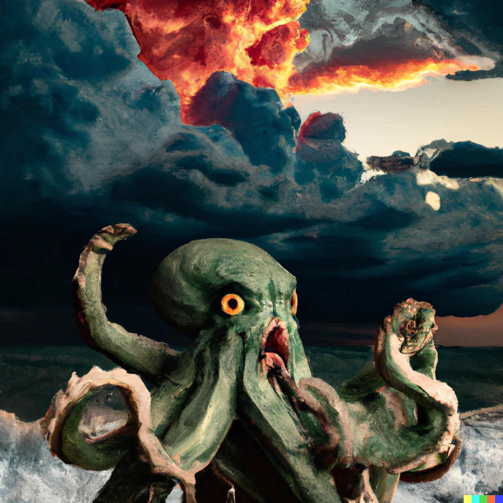 Prompt: A photorealistic photograph of Chthulhu getting out of the ocean during a storm, with dark clouds and wrath in his eyes. The earth is already in flames and people are running for their lives as demons fly over them with their claws ready to rip and tear
