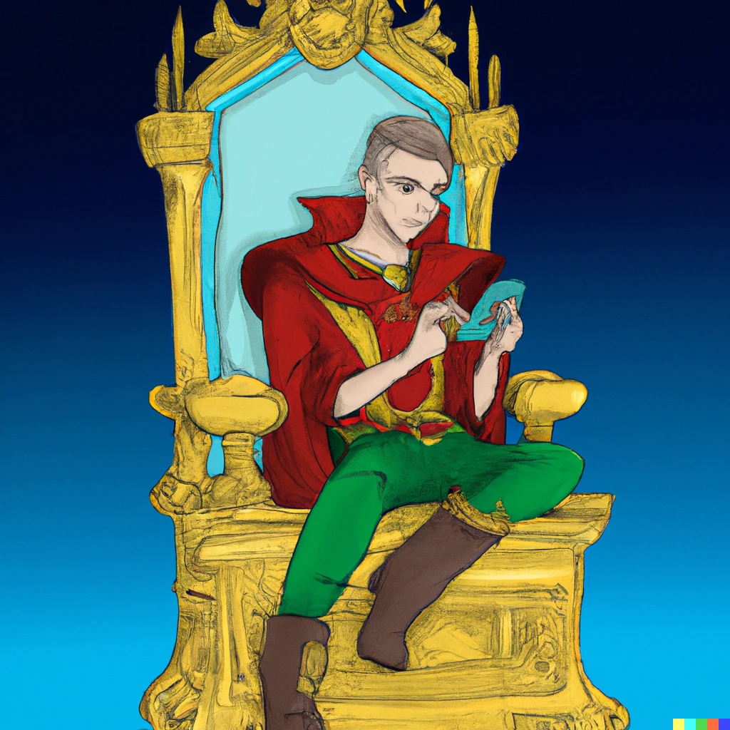Prompt: Gabriel Leydon sitting on top of a throne playing games on his phone