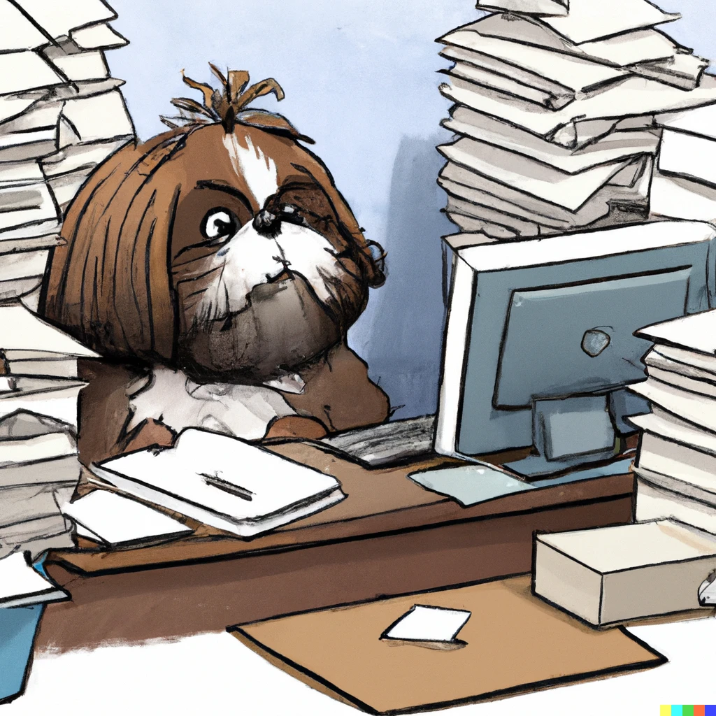 Prompt: shih tzu working on a computer in a cubicle with lots of papers stacked up beside them, cartoon