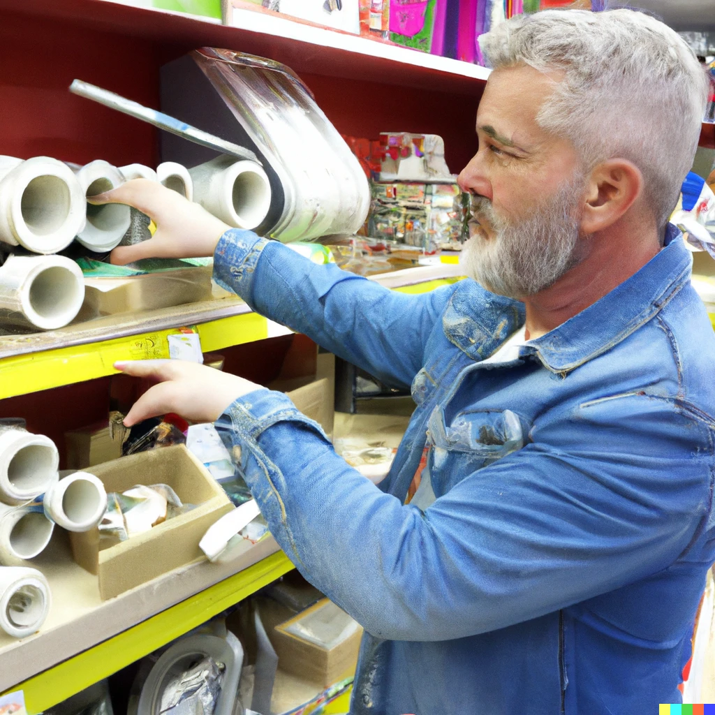 Prompt: Paul Hollywood shopping for plumbing materials