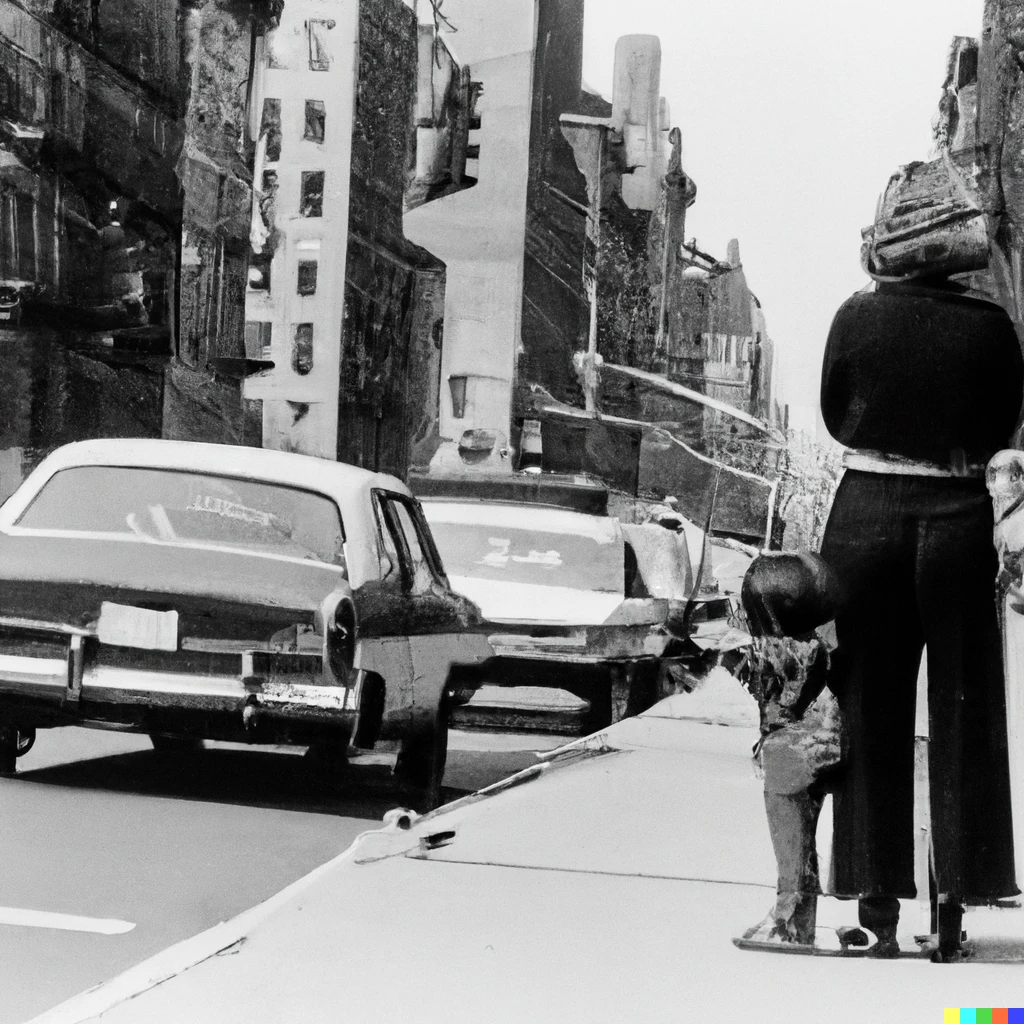 Prompt: Black and White street photograph of woman and child, NYC, 1960s, cars in the background, 35mm Leica, Ilford HP5+ 400, award winning, Pulitzer Prize 