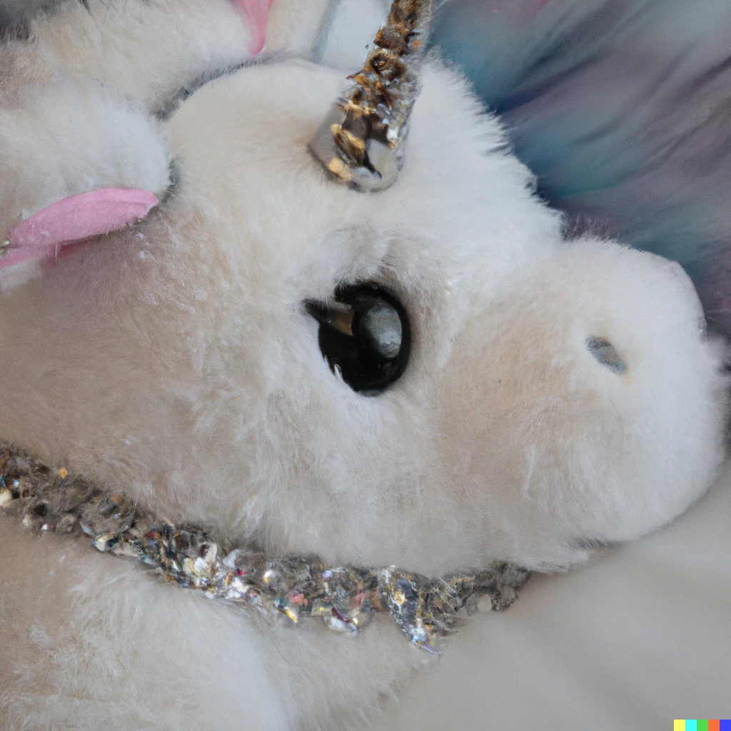Prompt: A cuddly toy unicorn with a diamond necklace 