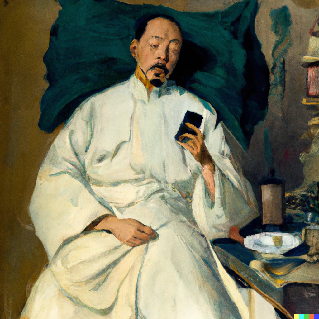 Prompt: Painting of a tired half English half Chinese balding emergency department doctor playing on his phone by Alphonse Mucha