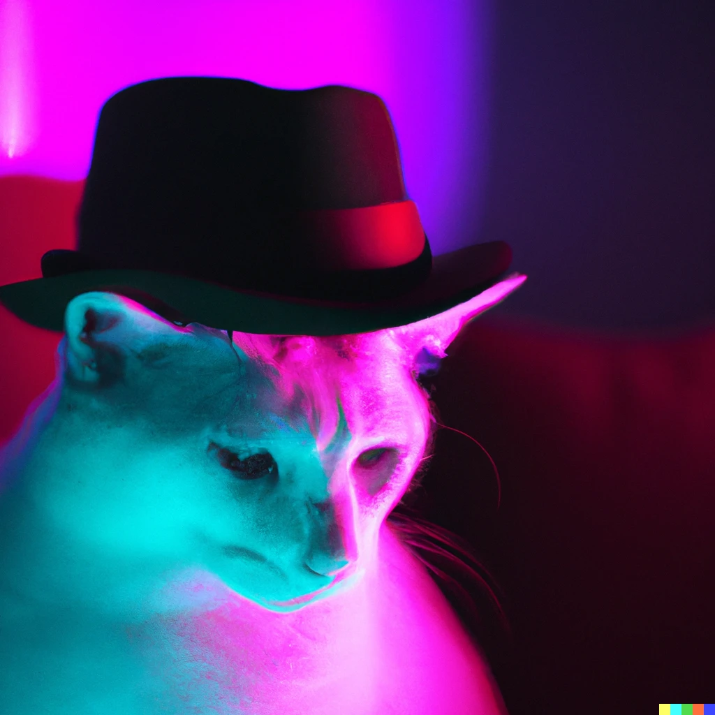 Prompt: A white cat with a red fedora in a room with many psychedelic color lights.