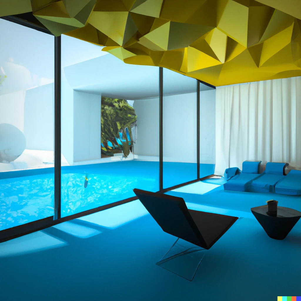 Prompt: A low poly render of avant-garde decorated living room, with a large window facing a swimming pool