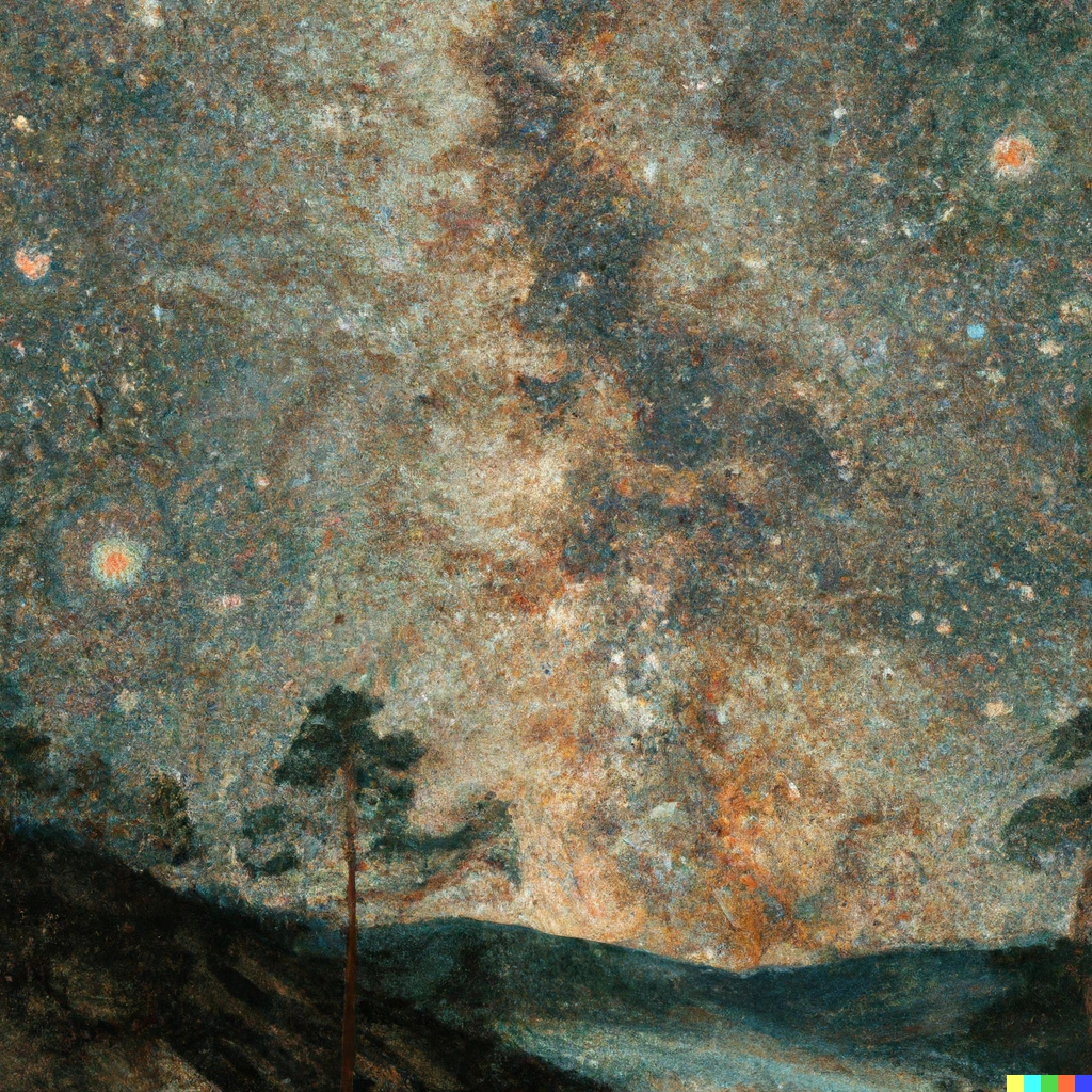 Prompt: "Milky Way galaxy over a pine valley" by Gustav Klimt