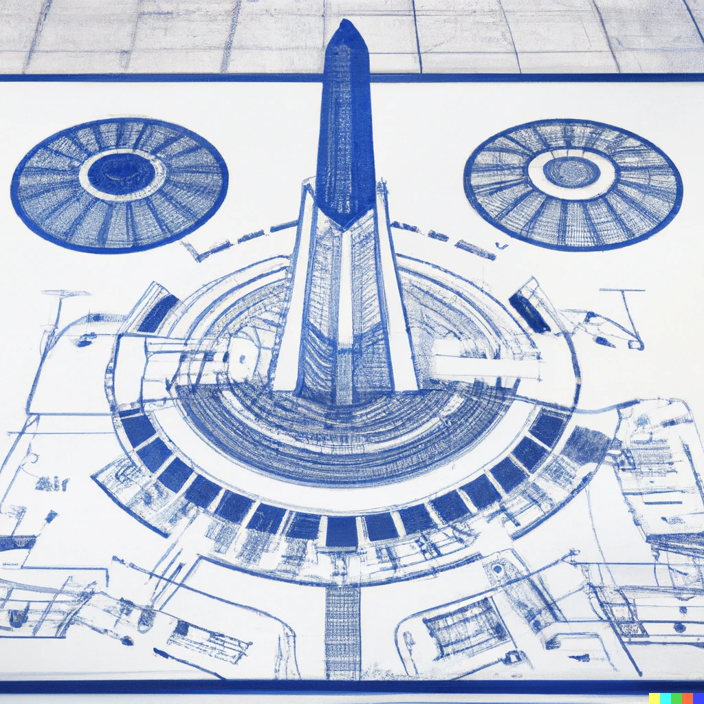 Prompt: Architectural blueprint of a large spaceship landing pad on top of a giant monument in ancient Egyptian Luxor, digital art