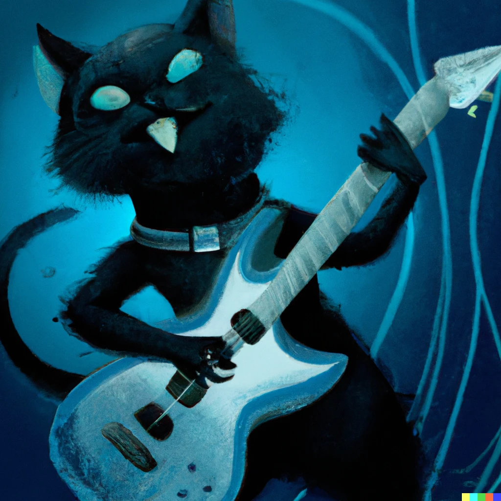 Prompt: A black cat that is a rock star, playing a pastel blue electric guitar, digital art