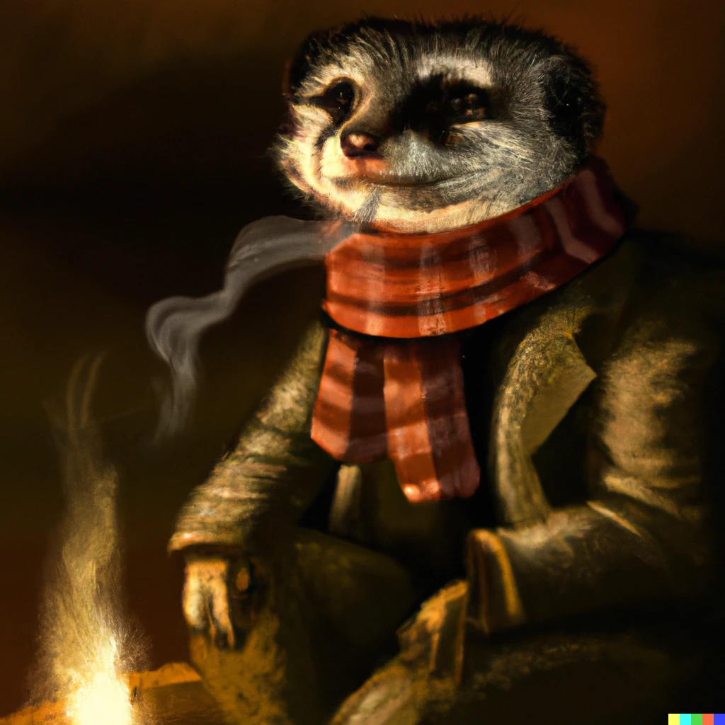 Prompt: a studius meekrat with a scarf and pipe sitting by a fire