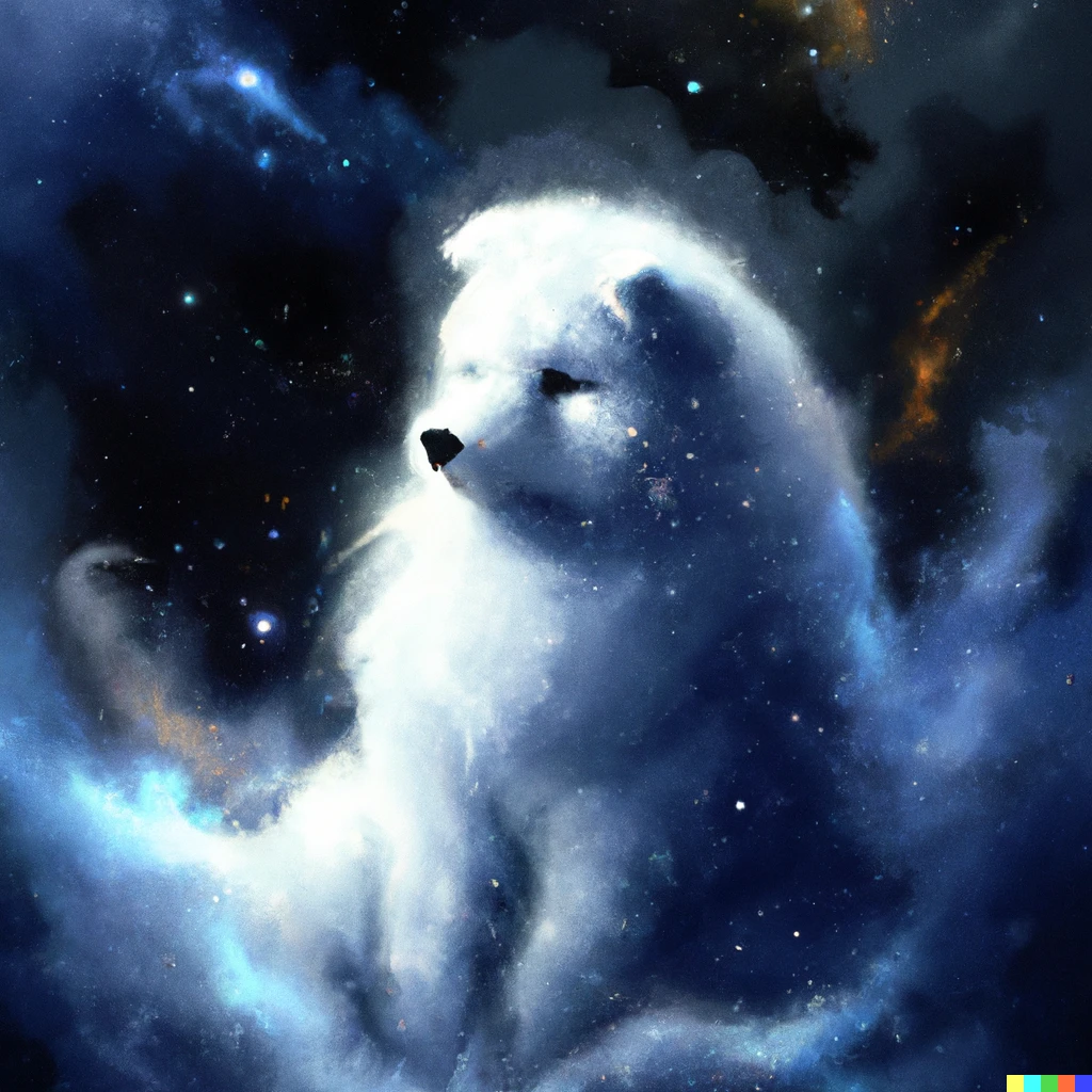 Prompt: Picture of a samoyed staring at a cosmic nebula, digital art