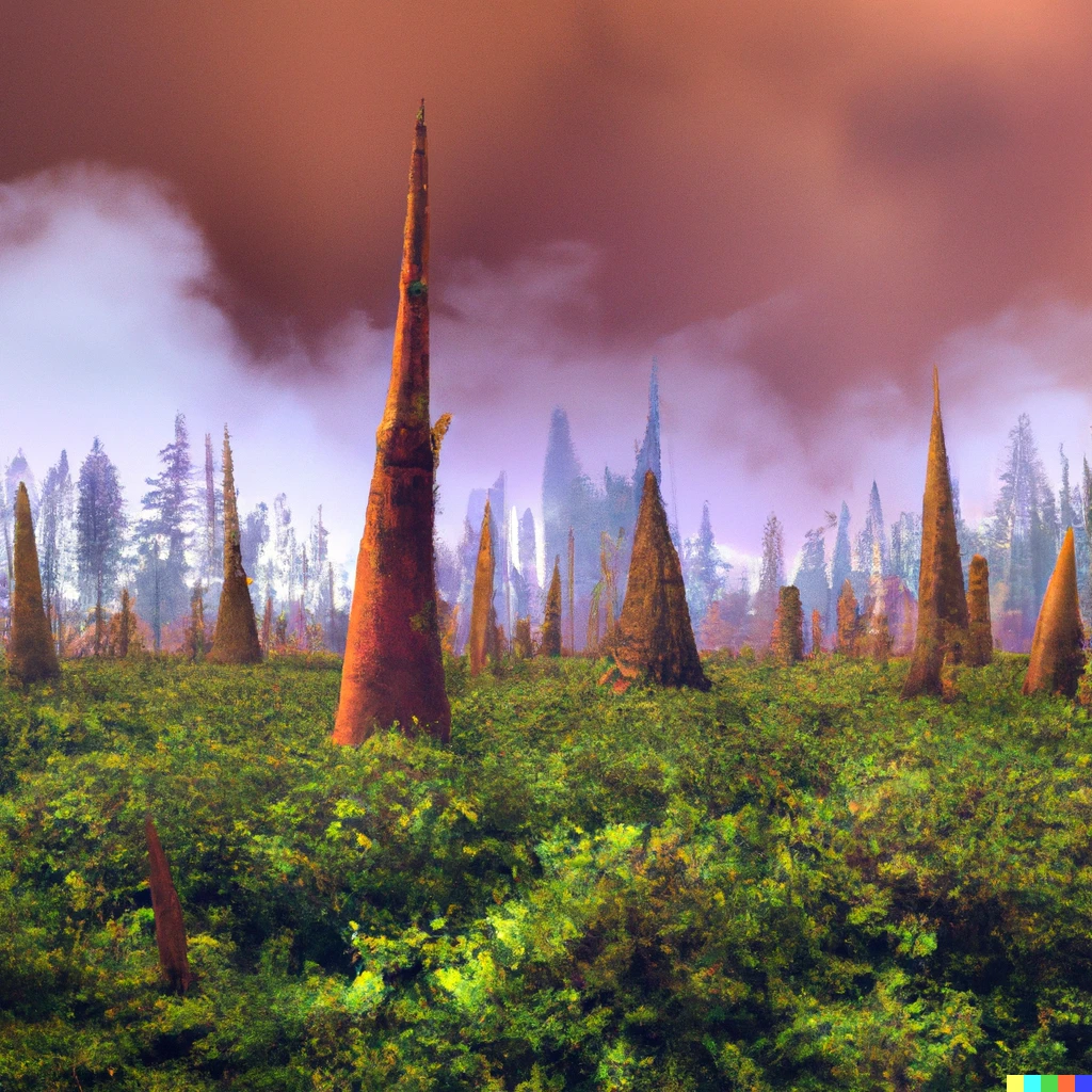 Prompt: fantastical swamp land with great twisted natural spires rising from the ground in the aftermath of a great storm, cinematic, epic fantasy, beautiful