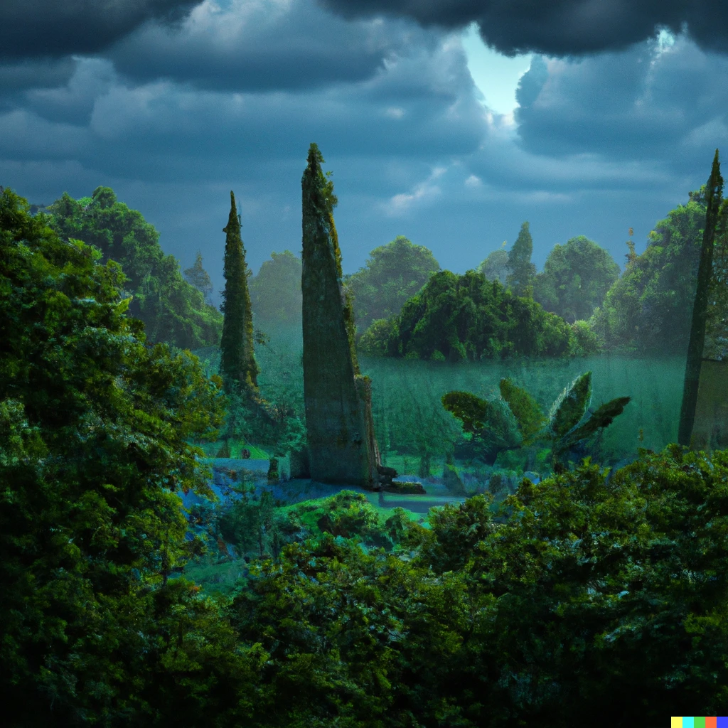 Prompt: fantastical swamp land with great twisted natural spires rising from the ground in the aftermath of a great storm, cinematic, epic fantasy, beautiful
