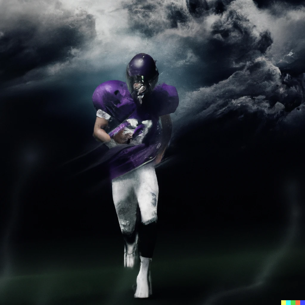 Prompt: An American football player in a purple uniform running across a field with a storm looming, dark background, digital art