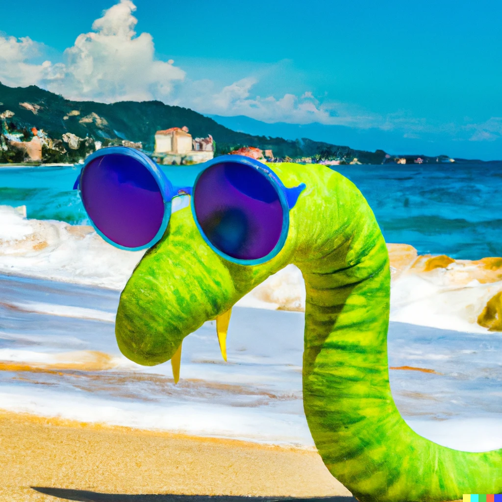 Prompt: Loch Ness monster wearing sunglasses on a beach in Jamaica 