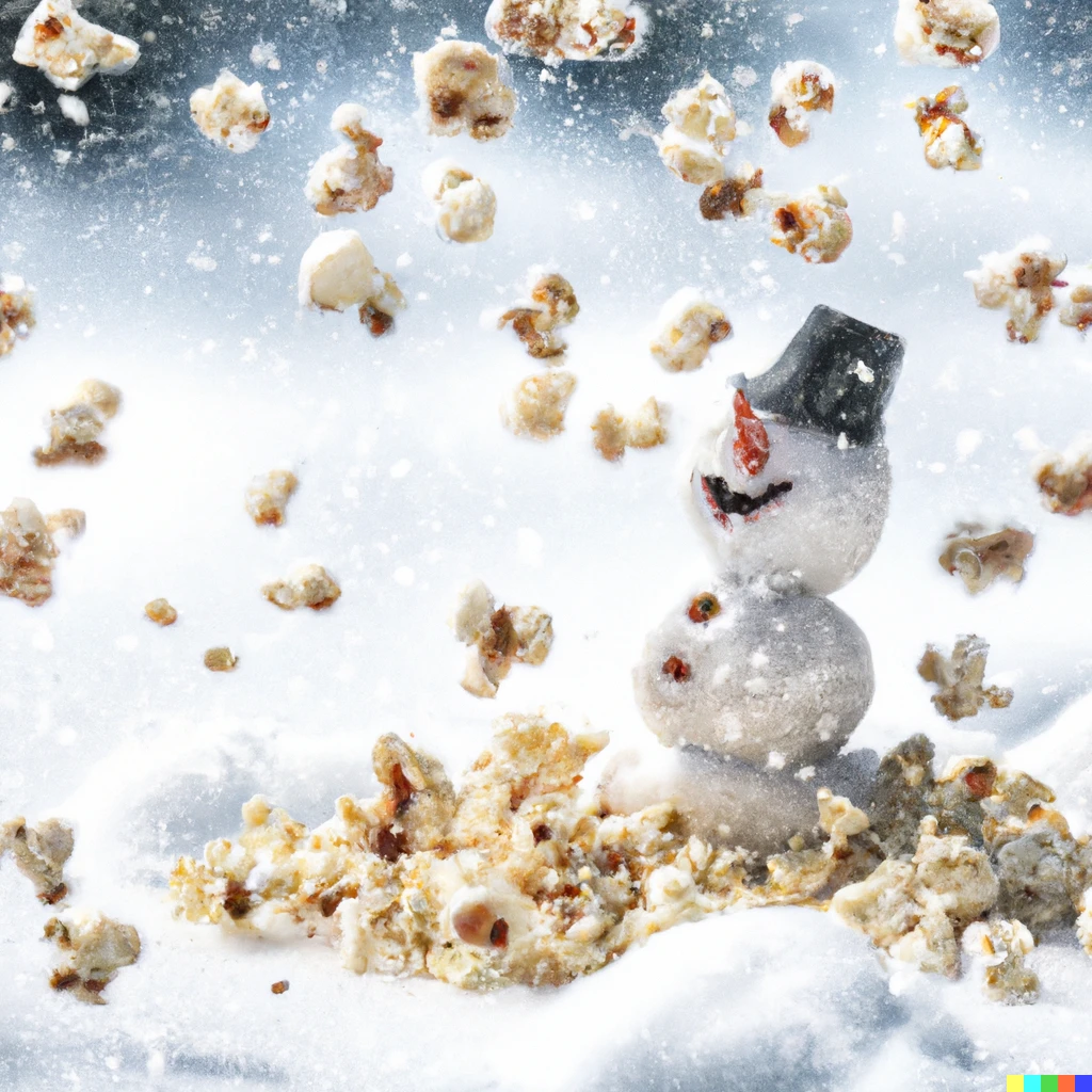 Prompt: A photorealistic winter scene with a snowman, but it is snowing popcorn 