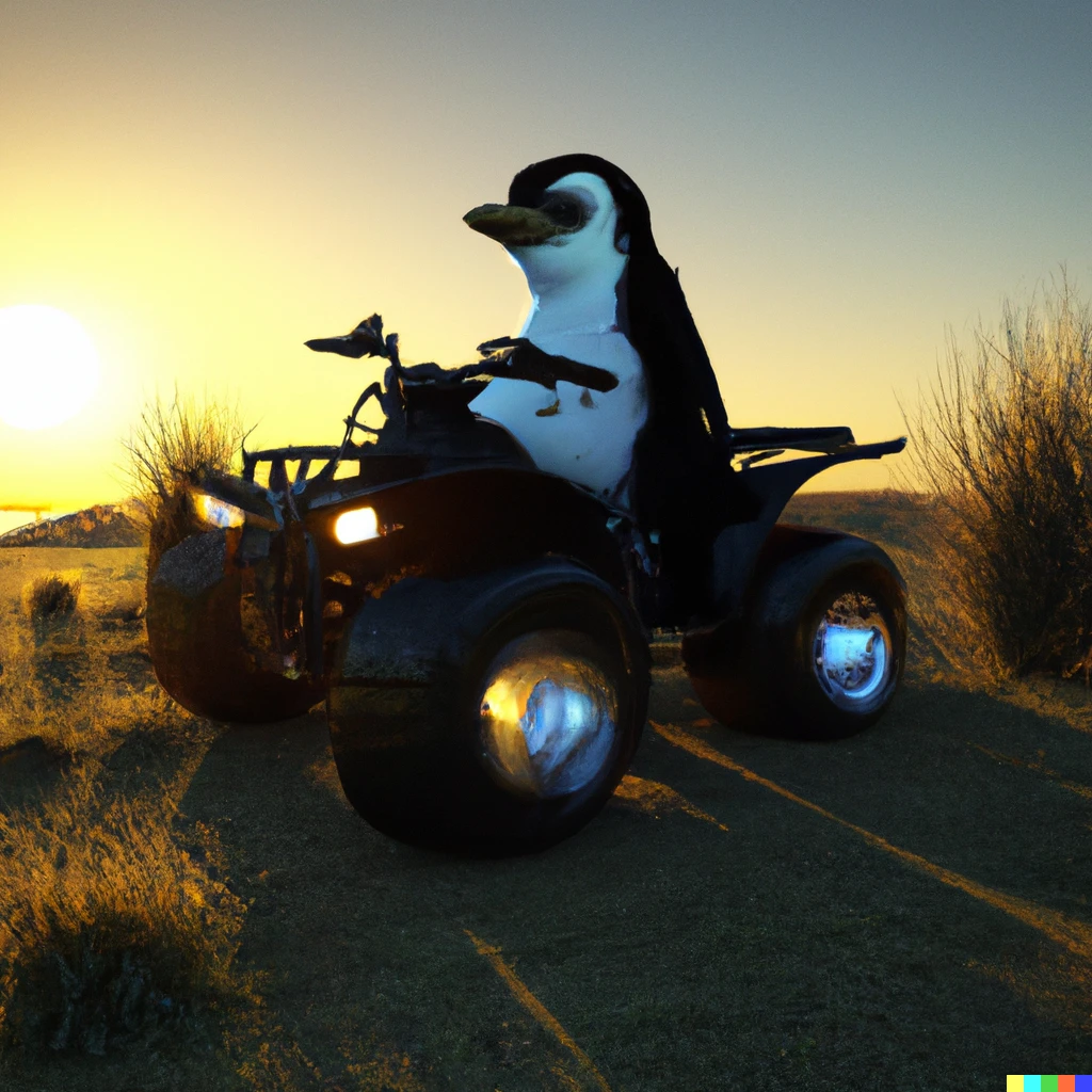 Prompt: A photo realistic penguin on a quad bike at sunset 
