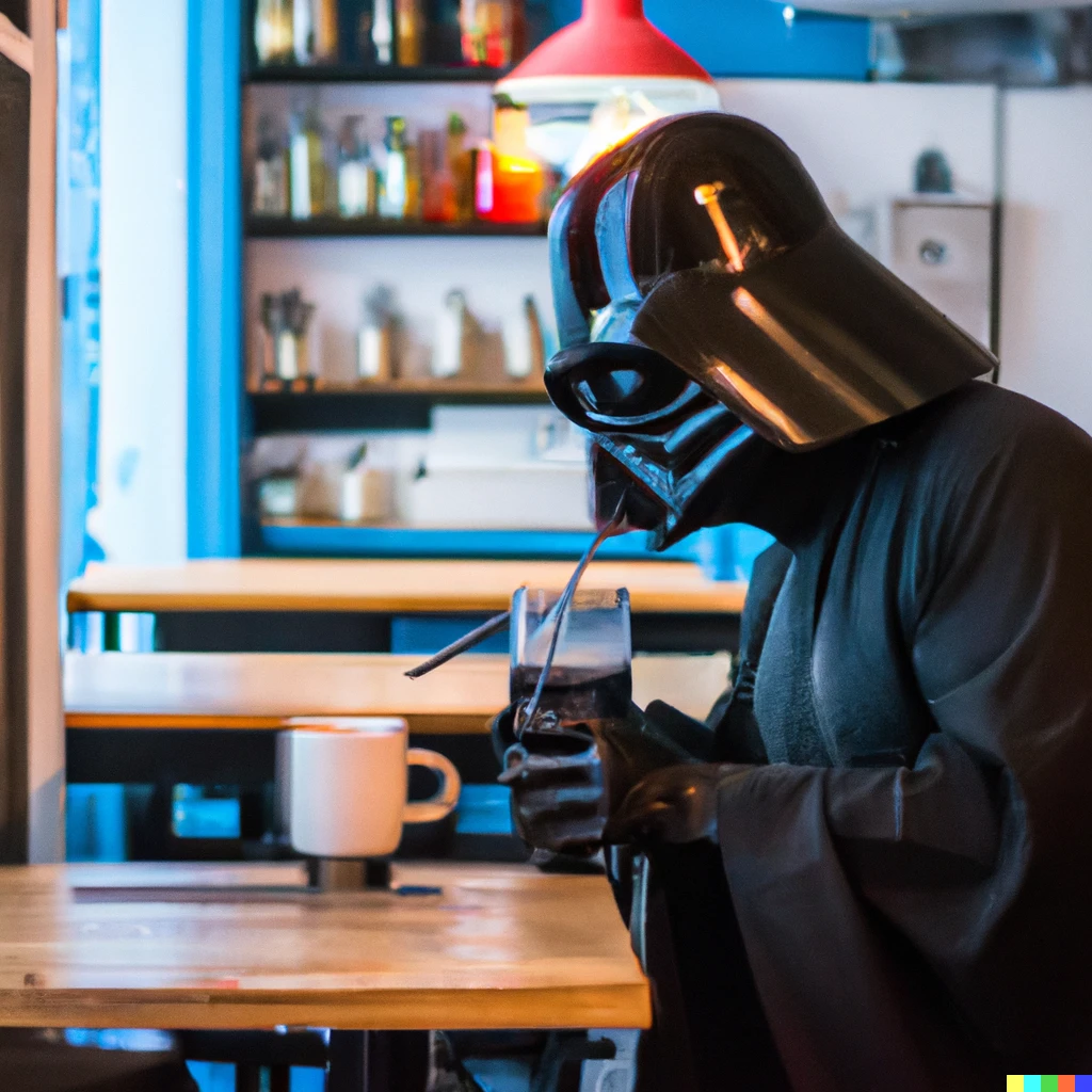 Prompt: darth vader at a hipster cafe trying to drink coffee