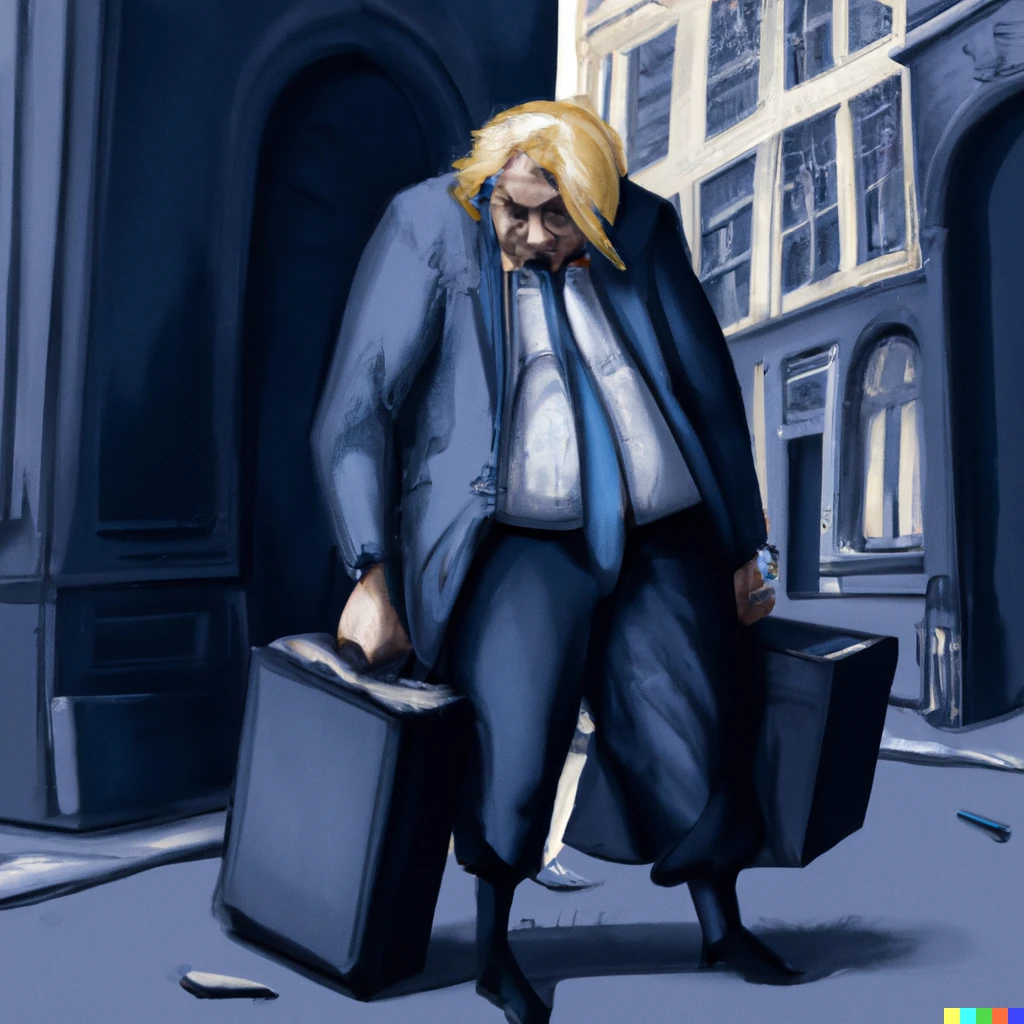 Prompt: An overweight man in a dark suit with messy blonde hair walks sadly down the street carrying a suitcase overflowing with messy clothes, digital art