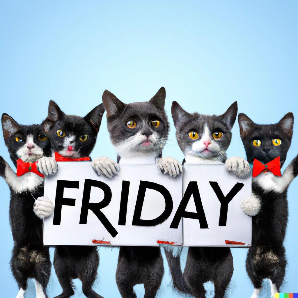 Prompt: Six tuxedo kittens holding up separate signs with an individual letter on each sign that spells out the word FRIDAY, digital art