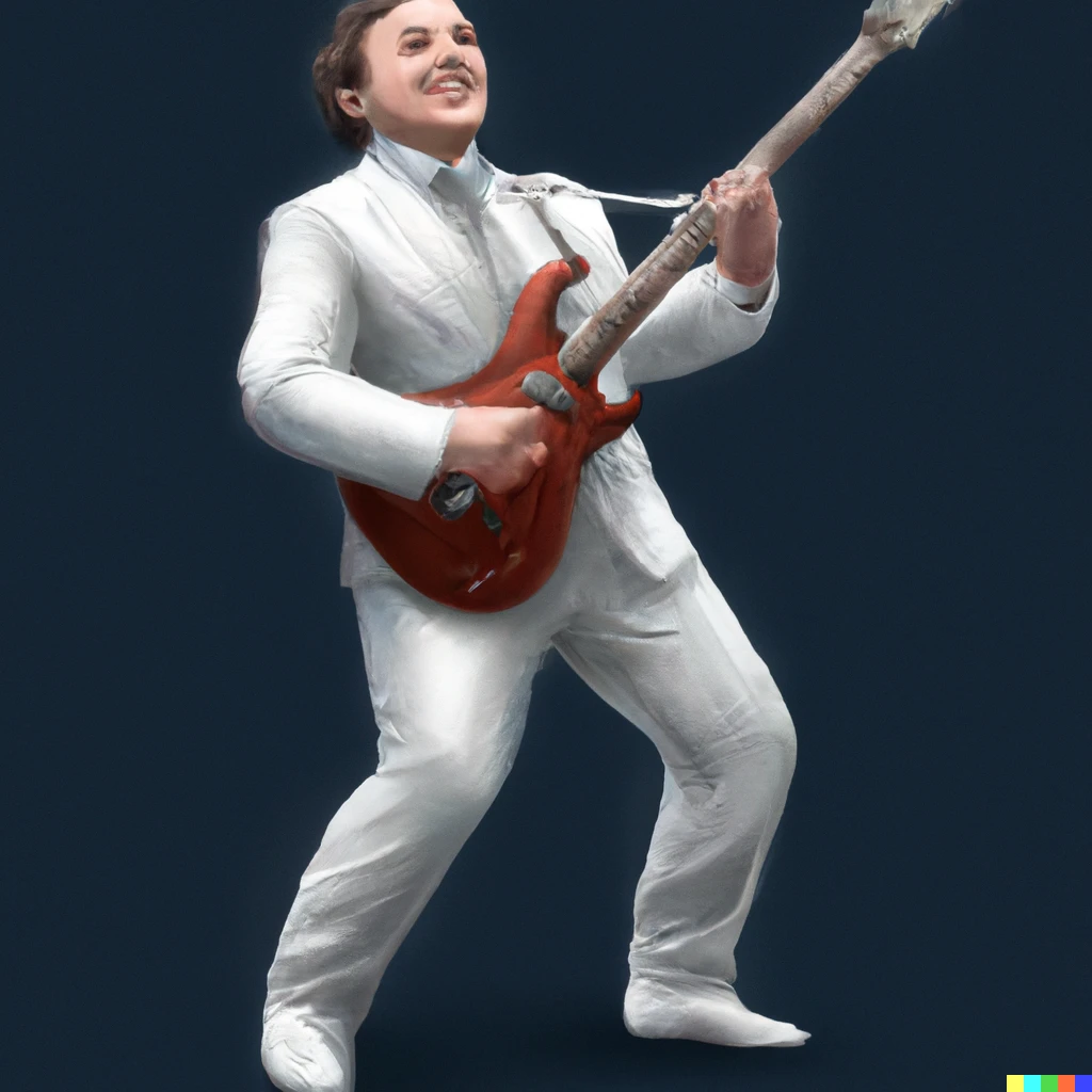 Prompt: Leo Varadkar plays electric guitar in a white jumpsuit, digital art