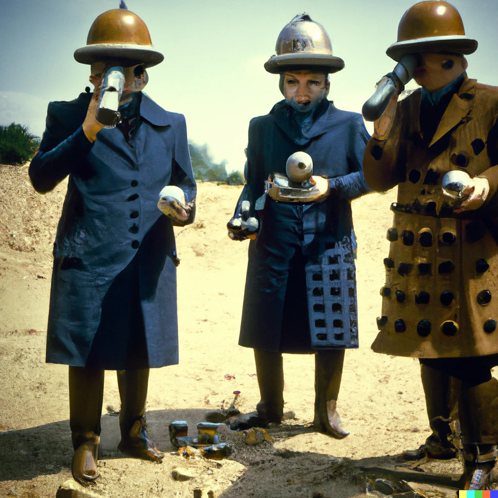 Prompt: Dalek detectives, vintage Kodachrome photo