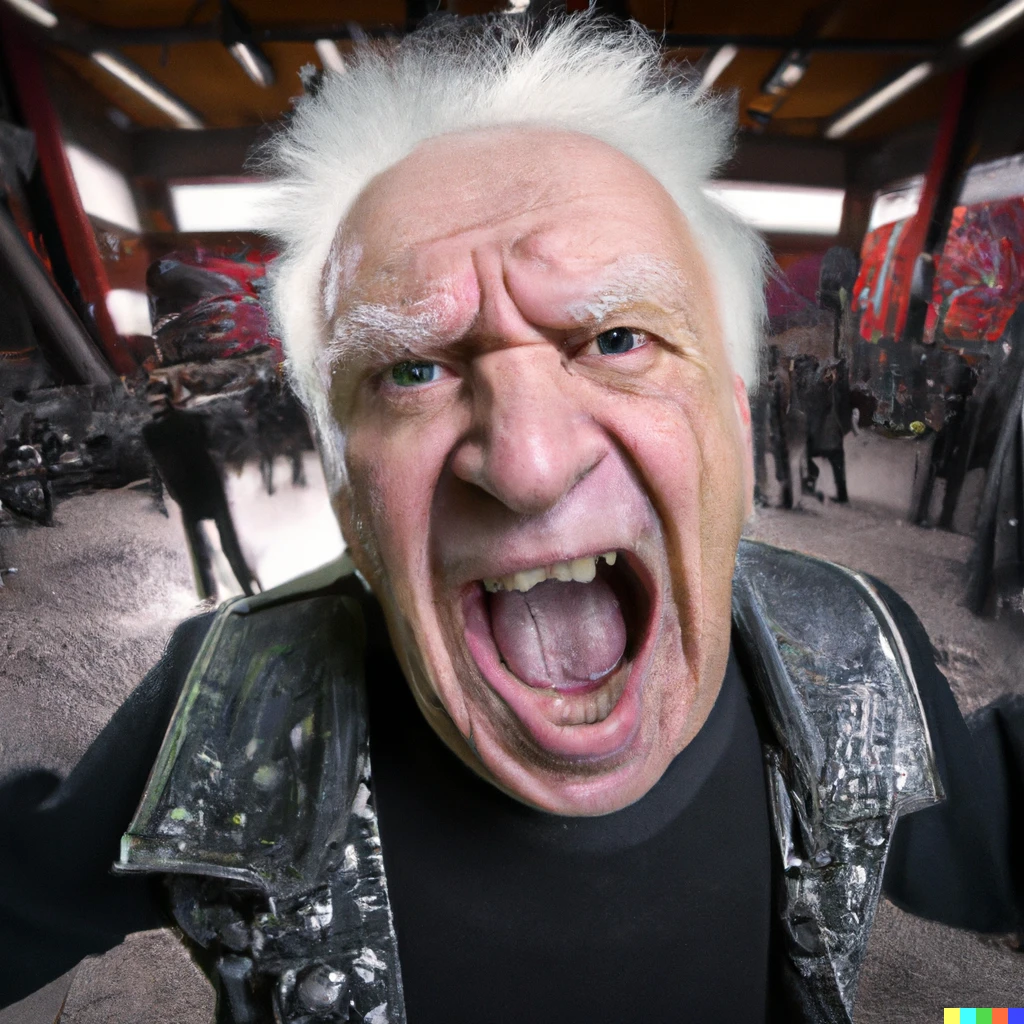 Prompt: Old man in a heavy metal mosh pit, wide angle lens