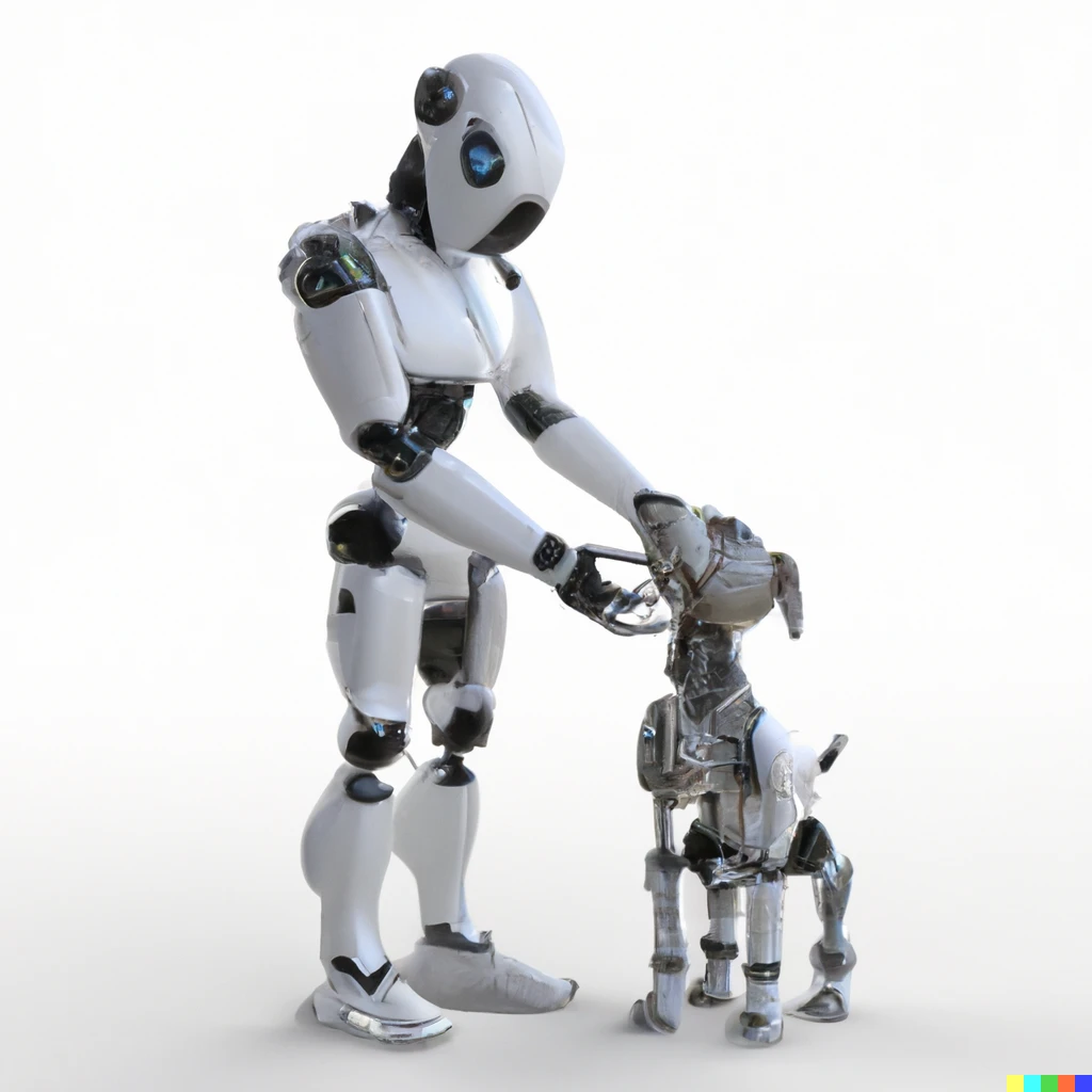 Prompt: 3D render of a humanoid robot holding a puppy 