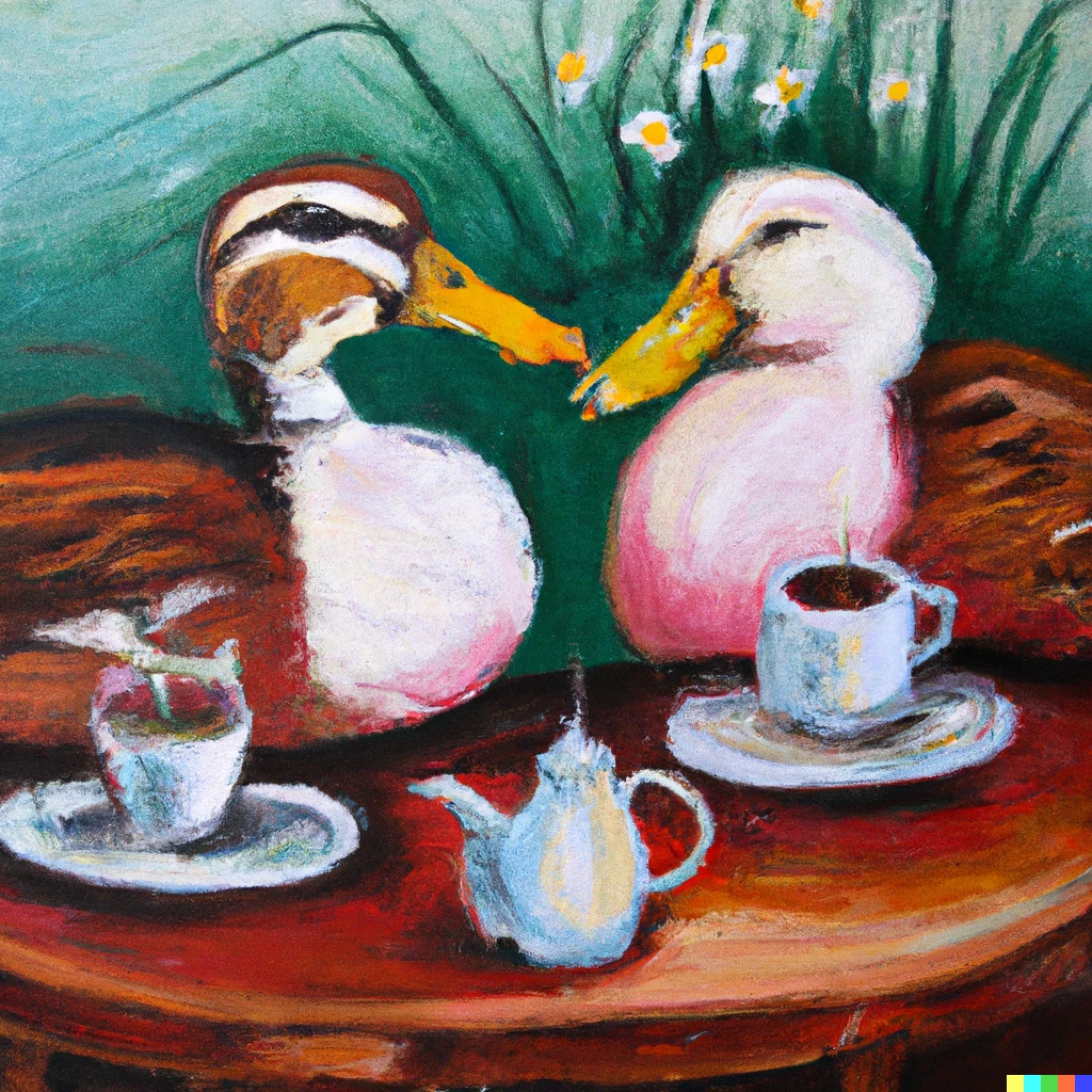 Prompt: two ducks having coffee in france oil painting